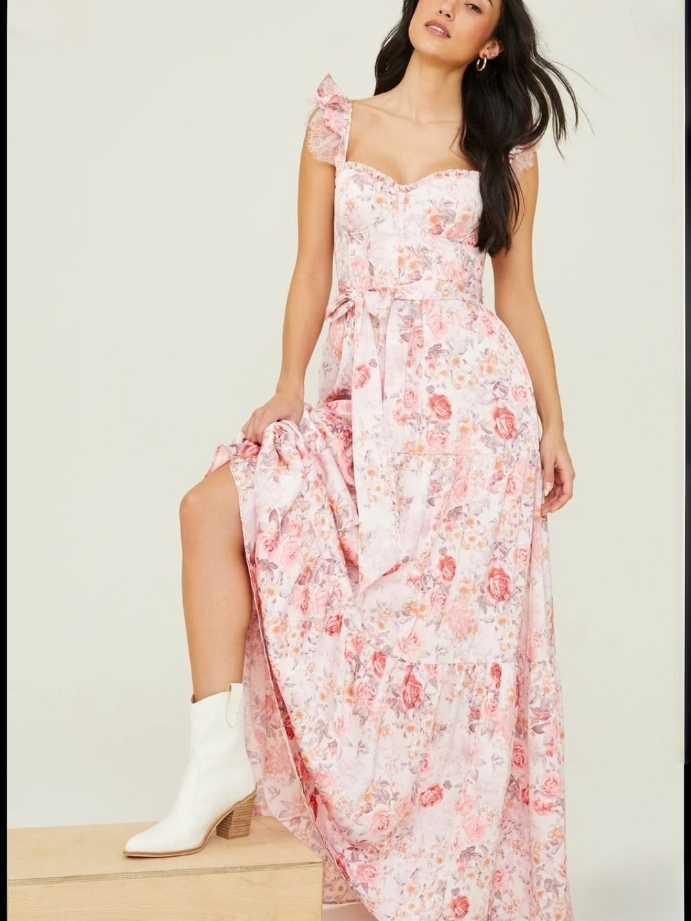 Altar'd State Pink Floral Ruffle Strap Maxi Dress